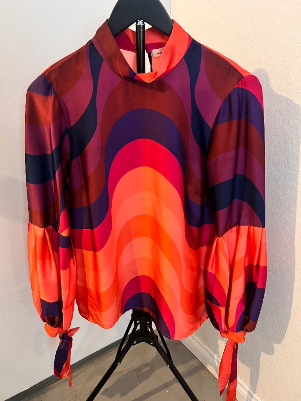 HUTCH Myla High Mock Neck Tie Sleeves Print Satin Blouse  |  Size XS